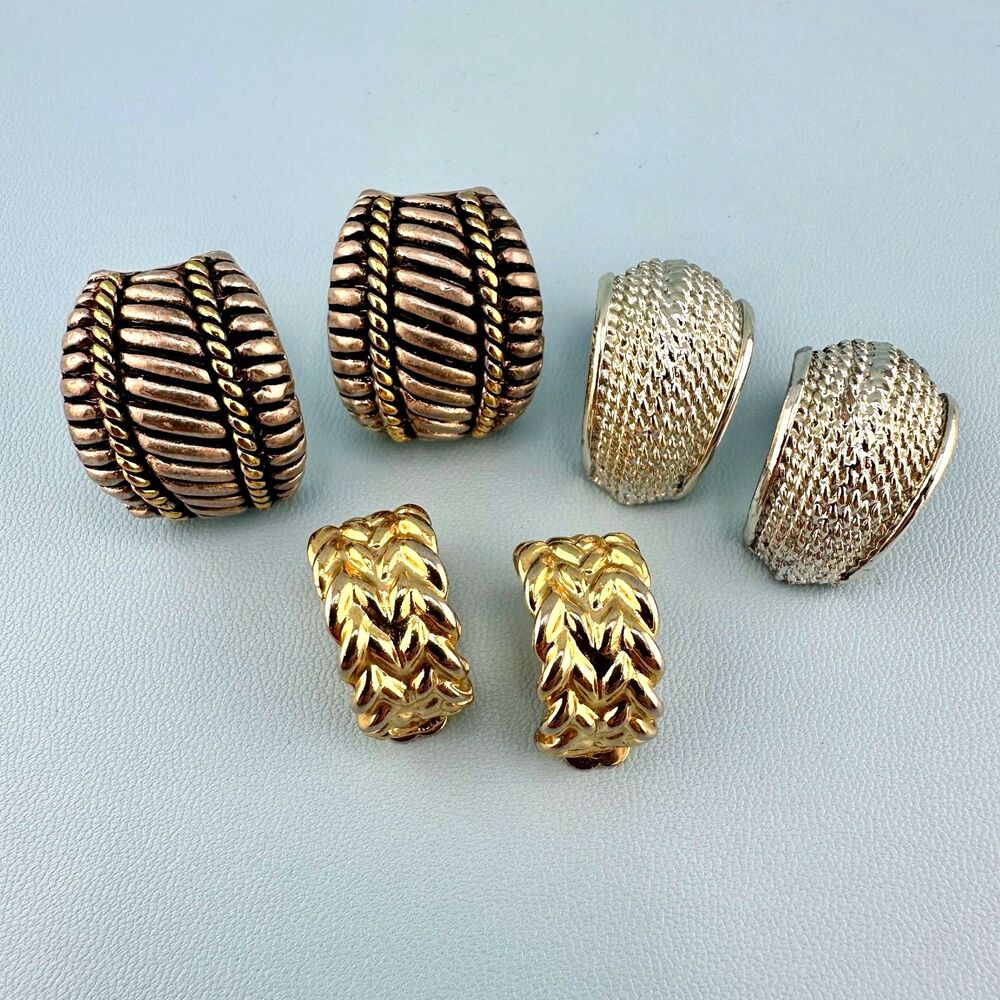 Vintage Clip On Earrings Lot Huggie Half Hoop Textured Ribbed Gold Silver Tone